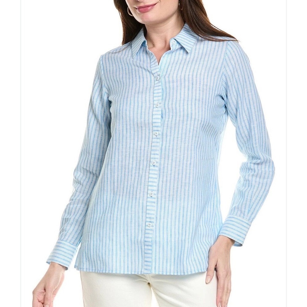 Foxcroft NYC Blue White‎ Striped 100% Linen Button Down Shirt Plus Size 18W